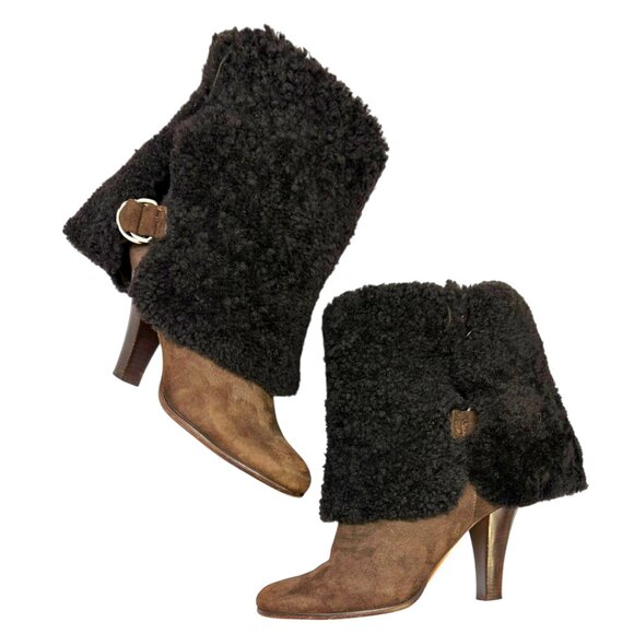 Lambertson Truex Brown Sheepskin Shearling Cuff Mid Calf Boots - Picture 1 of 11